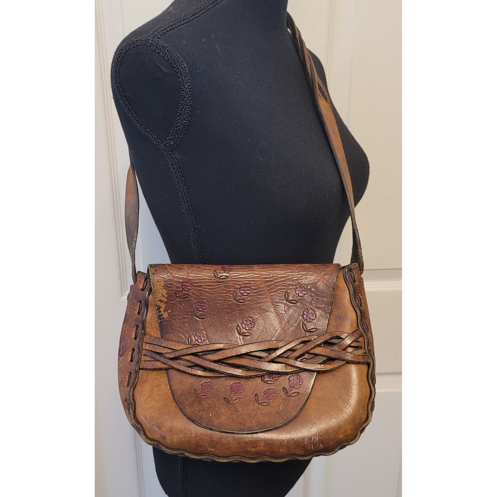 Dante‎ San Jose Tooled Leather Handbag Braided Strap Hippie Boho Flowers Gypsy